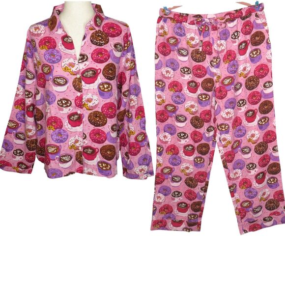 Printfresh Pink Donut Coffee Print Organic Cotton Pajamas Size Large - Picture 1 of 15
